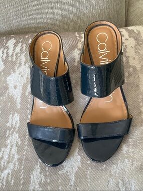 Calvin Klein Navy Patent Two-BaSlide Mules